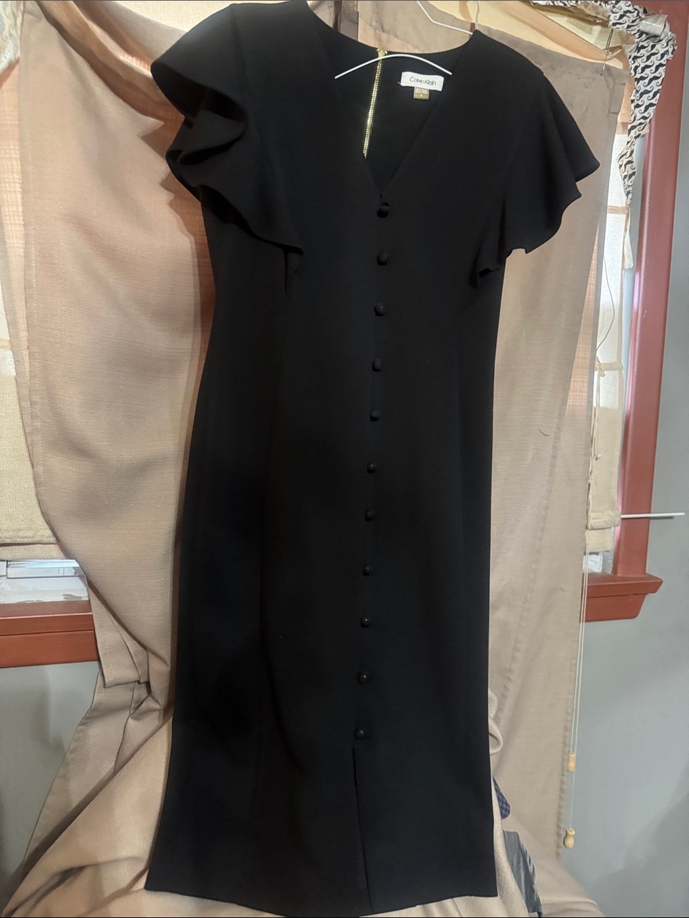 Calvin Klein Classic Black Button-Front Midi Dress with Flutter Sleeves